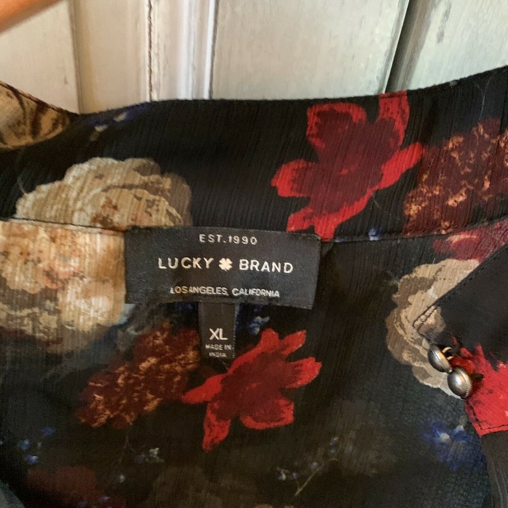 Darling Lucky Brand Floral Chiffon Black Blouse XL - Picture 6 of 8
